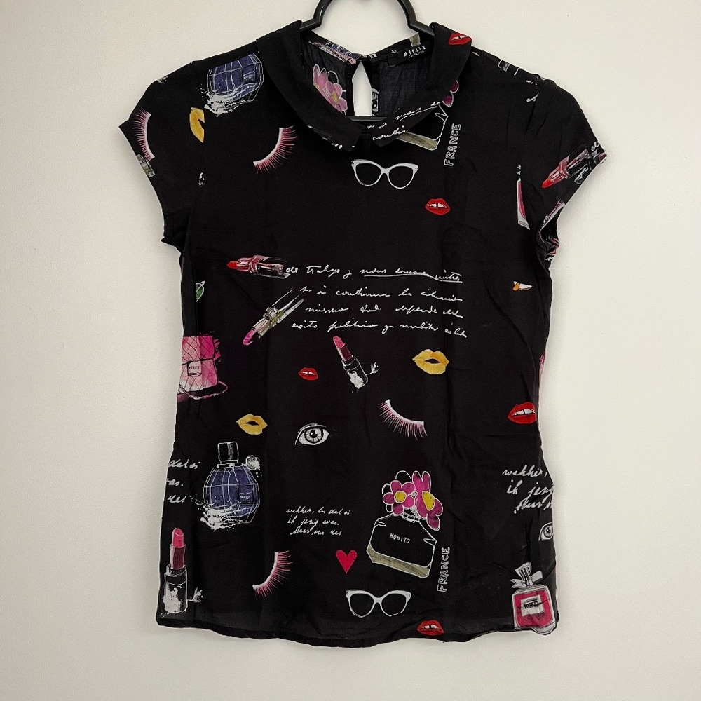Mohito | French Motif Peter Pan Collar Navy Blouse Size EU34/US0